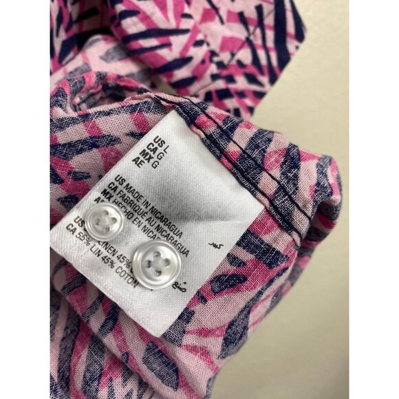 Club Room Linen Button Up Shirt Mens size Large Blue Pink Palm Hawaiian Vacation - Picture 4 of 11